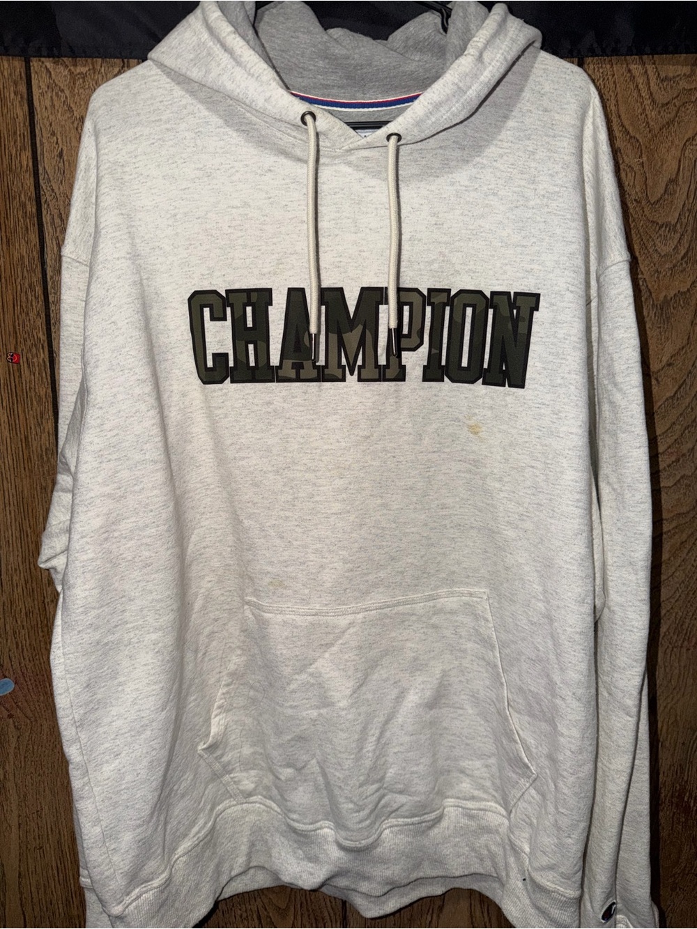 Champion Men's Heather Light Gray Crewneck Hoodie with Black Logo